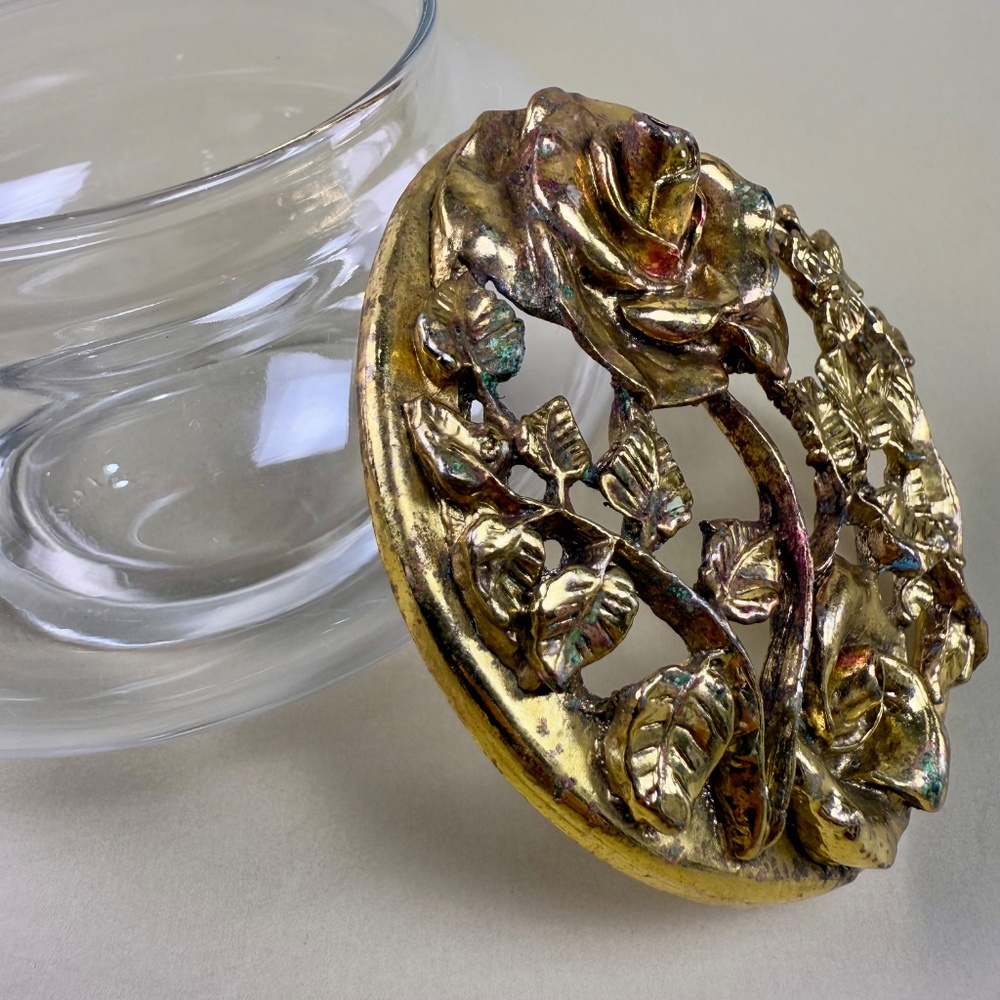 Vintage Glass Trinket Dish with Ornate Brass Rose Lid | Hollywood Regency Style - Picture 3 of 13